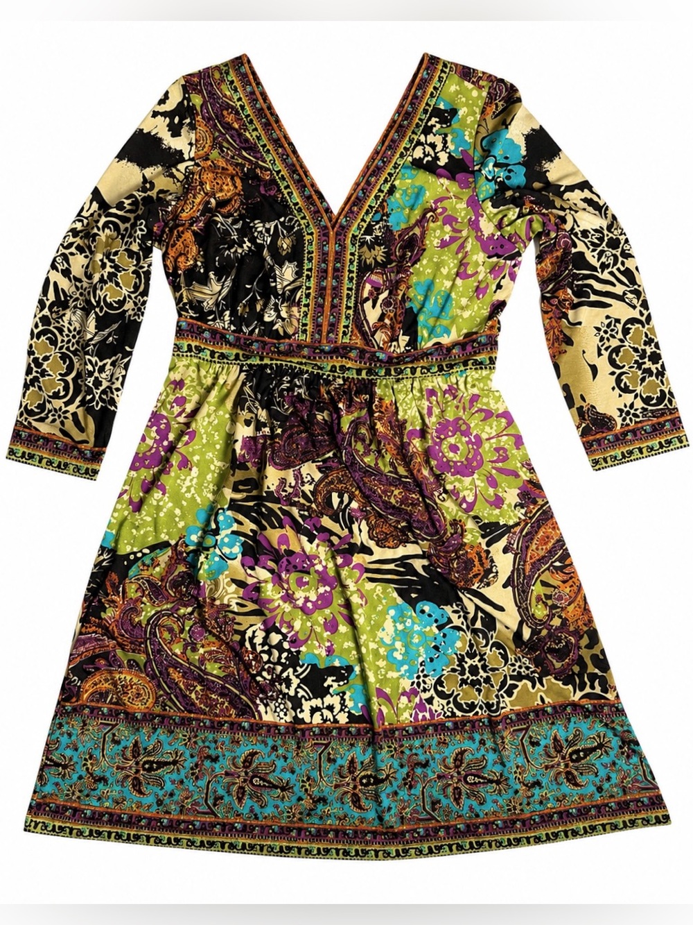 ECI New York Boho Paisley Floral Dress M Retro V Neck Long Sleeve Boho Dress